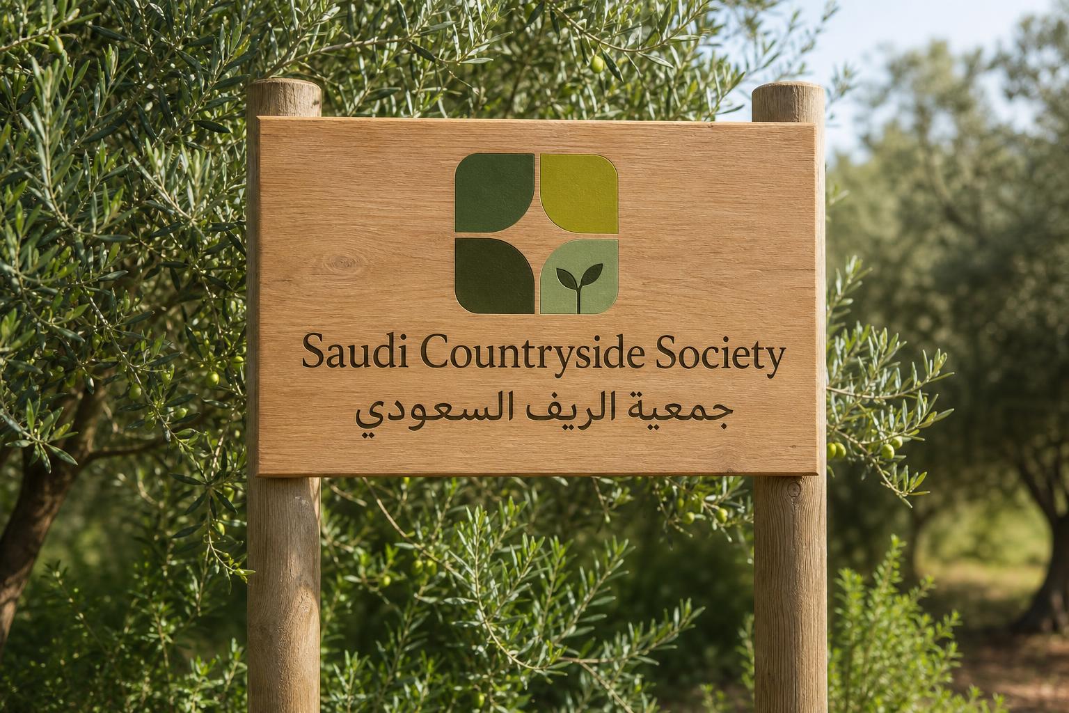 Saudi Countryside Society sign among olive trees